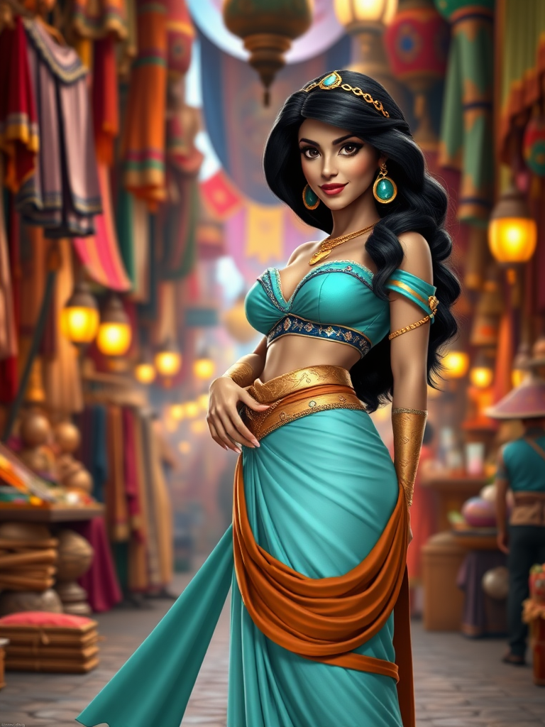 Create a full-length photorealistic render of Princess Jasmine, retaining her head but adjusting her body to match the male physique of Nightwing. Modify her costume to fit the new body type and silhouette. Set the scene in a vibrant, exotic marketplace that reflects the essence of Agrabah, filled with colorful fabrics, magical artifacts, and bustling stalls, providing a lively backdrop that complements both characters. The lighting should be warm and inviting, highlighting the details of the costume and the character's features.