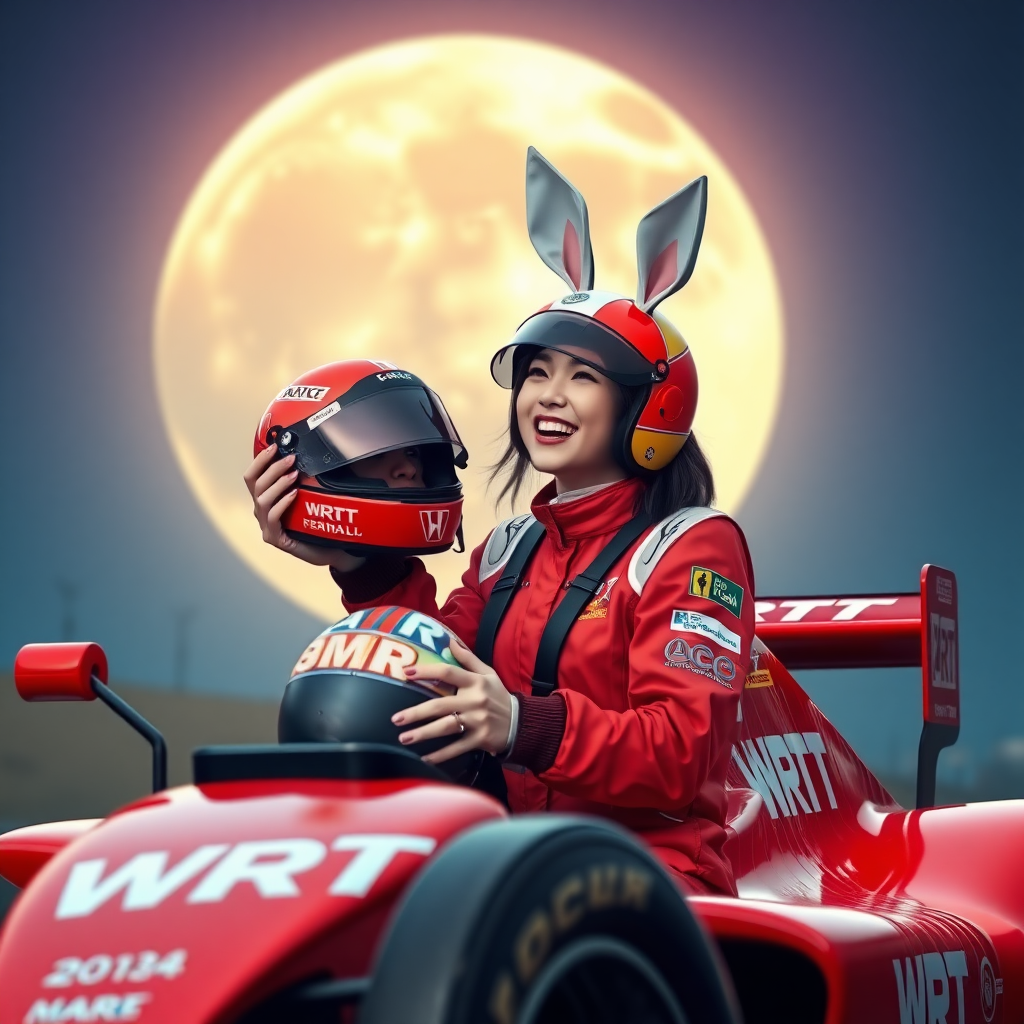 A red race car with "WRT" written on it, a beautiful Chinese female racer wearing rabbit ears on her head, laughing while holding her racing helmet, with a giant moon in the background.