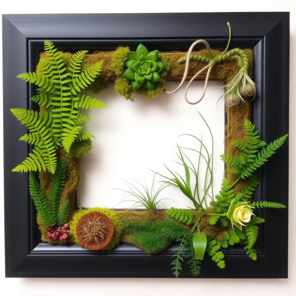 A picture frame is filled with ferns, flat moss, and air plants.