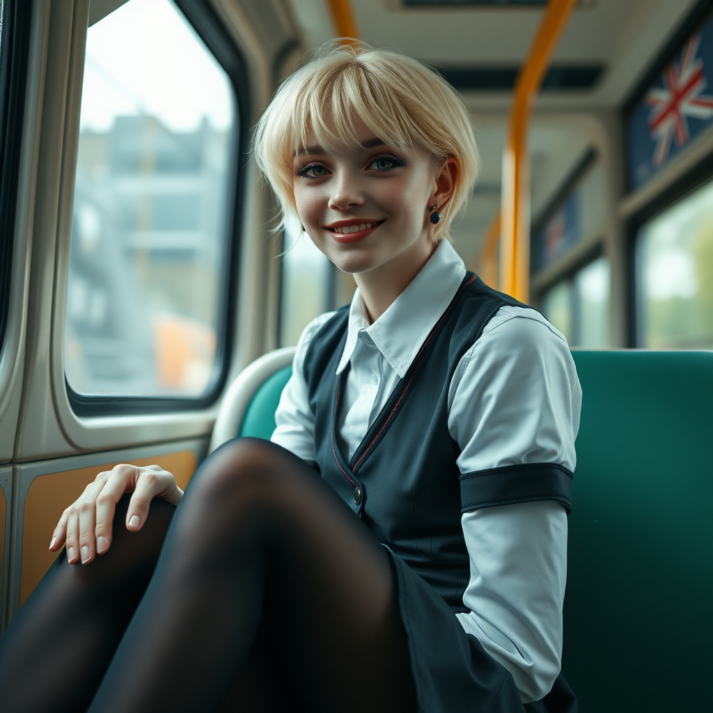 photorealistic, ultra high resolution, 16K, surreal fantasy, soft studio lighting, a pretty 18 year old goth male, slim male physique, short blonde hair, goth makeup, earrings, shiny black pantyhose, UK girls-school uniform, Mary-Jane shoes, sitting in the school bus, excited smile, facing the camera.