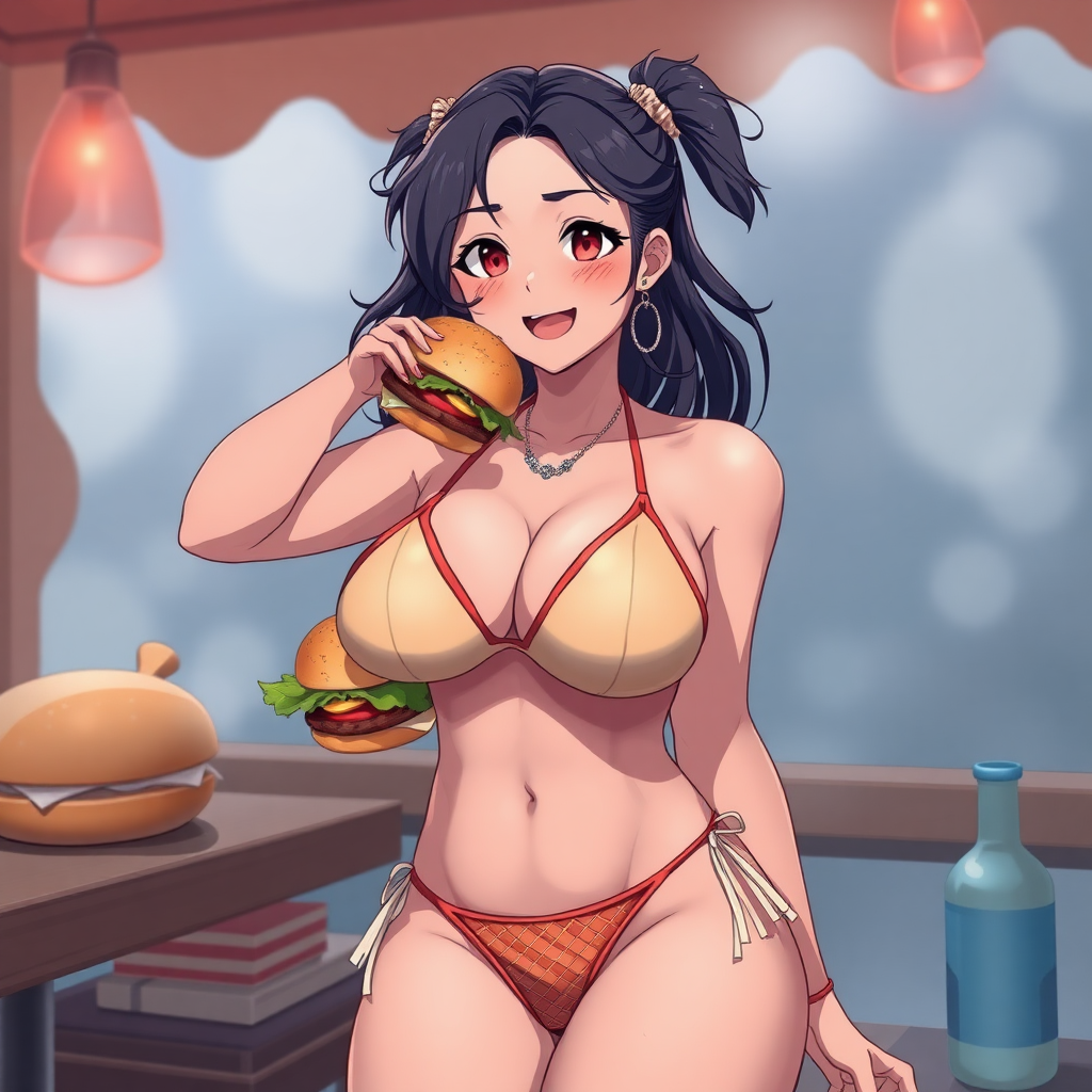 A curvy girl in bikini RAW with small burgers, anime mood