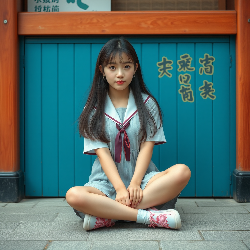 photo full body teenage giantess Japanese schoolgirl wearing 制服 sits and looks down