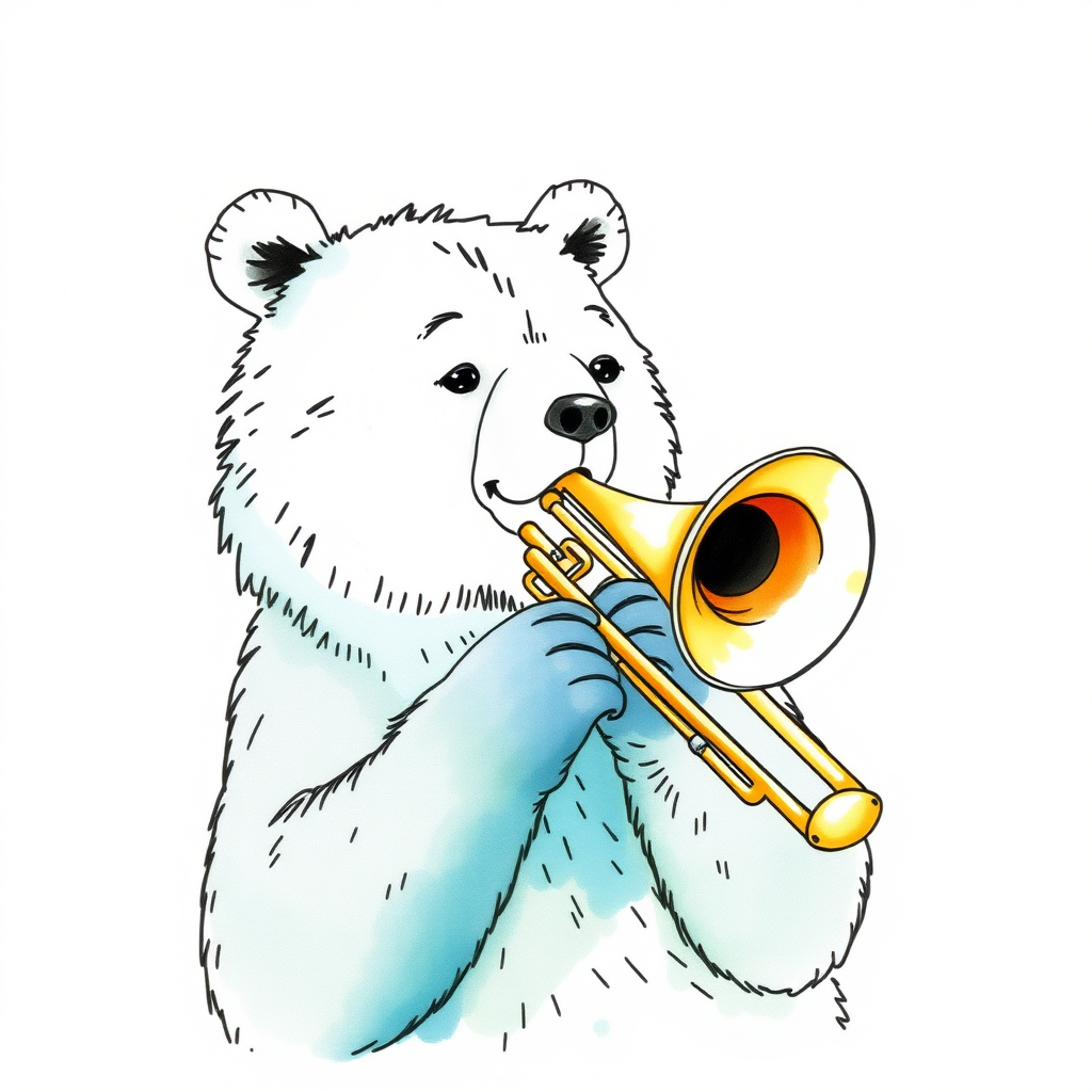 An Ink and watercolor drawing of a bear playing a trombone