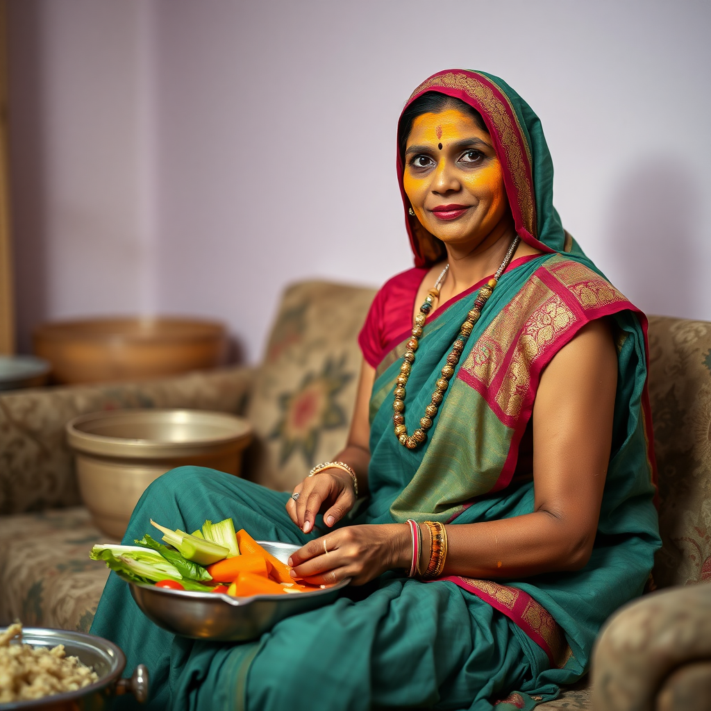 slim, 30 year old, traditional indian wife with hair covering, turmeric paste on her face. she is sitting on a sofa and cutting vegetables