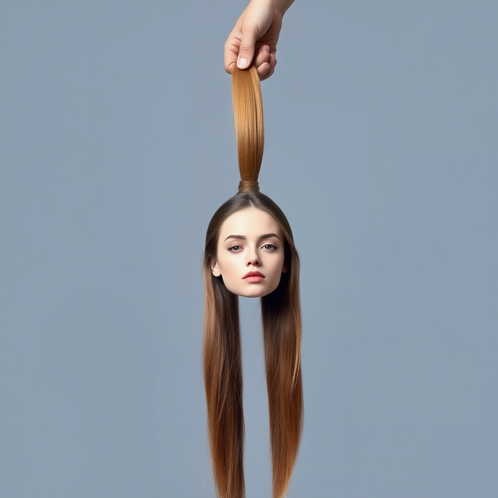 Surreal image of a very long haired woman's beautiful disembodied head hanging by her very long hair. Her very long hair is gathered at the top of her head into a long ponytail that stretches upward into a grasped hand. Plain gray background.