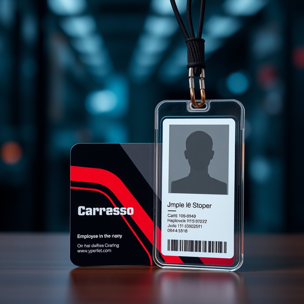 employee id card for IT company, professional themed, red and black dominant color