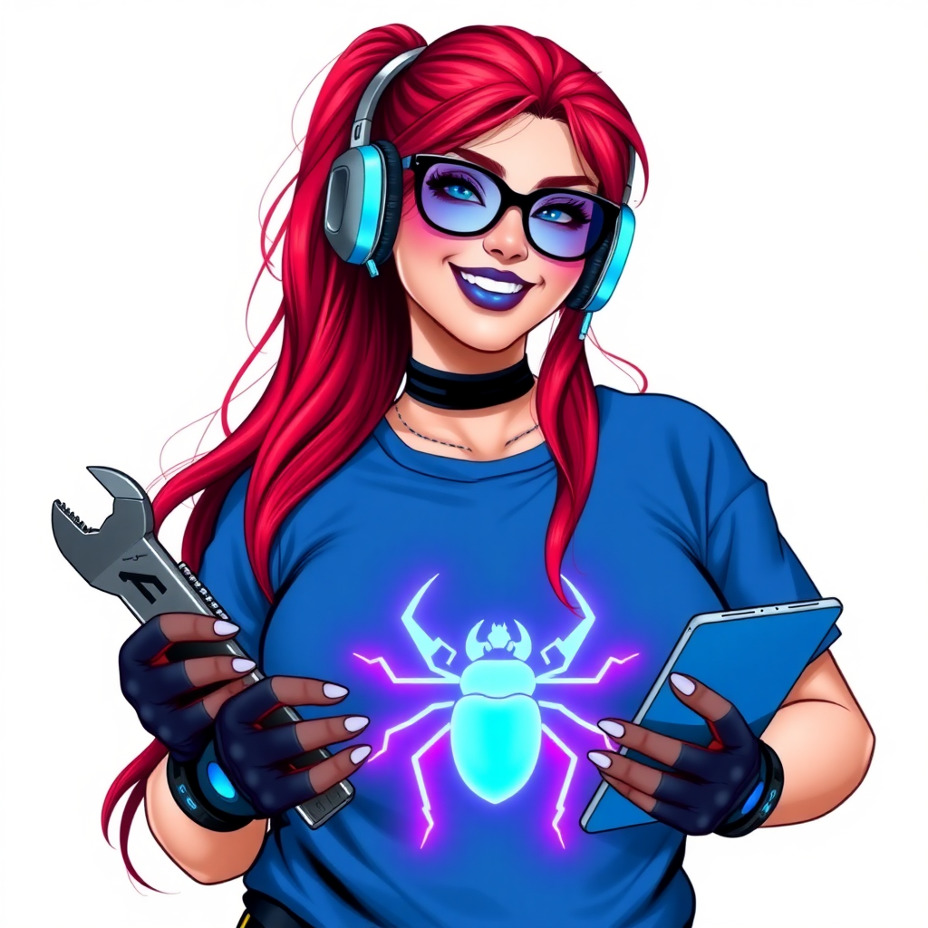 An intelligent and tech-savvy 29-year-old computer hacker and tech genius. She has a long ruby red ponytail. She wears maximum blue lipstick, blue eyes, a sapphire beetle gemstone necklace, sapphire earrings, black eyeglasses, hi-tech power gloves, and an oversized maximum blue t-shirt featuring a neon blue glowing beetle chest icon. She has a gargantuan full-figured physique with a prominent round gargantuan midsection, reflecting her well-cared-for lifestyle. She sports a sapphire headset with a hi-tech maximum turquoise lensed HUD, and a beaming smile accentuated by a passionate neon red blush. She serves as his tech expert from his hideout, holding a futuristic tool wrench and a futuristic digital tablet. The background is solid white. She is drawn as if she was in a retro 2D cyberpunk fighting game.