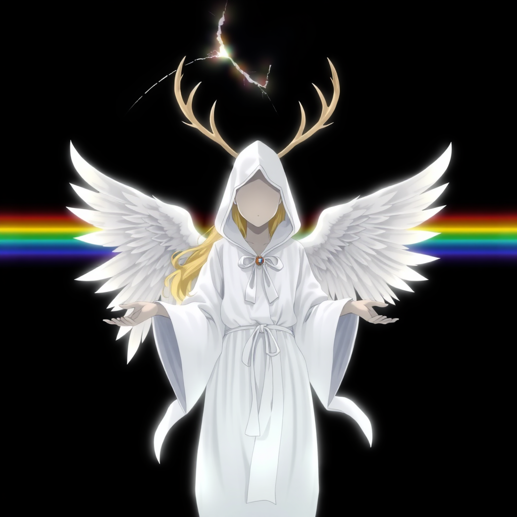 (Anime Style-art) Black background with rainbow-barrier broken, a completely female faceless, grey-skinned, wearing a white hood, golden-haired woman covered in pure white light, 2 deer antlers, 2 angel wings, glowing-white robes, hands out, floating mid-air, looking at viewer, full body view