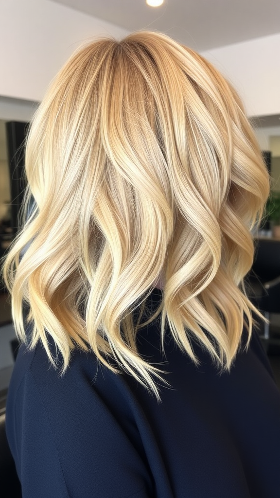 model with wavy asymmetric bob hair in blonde color, in high definition, in the background, hair salon