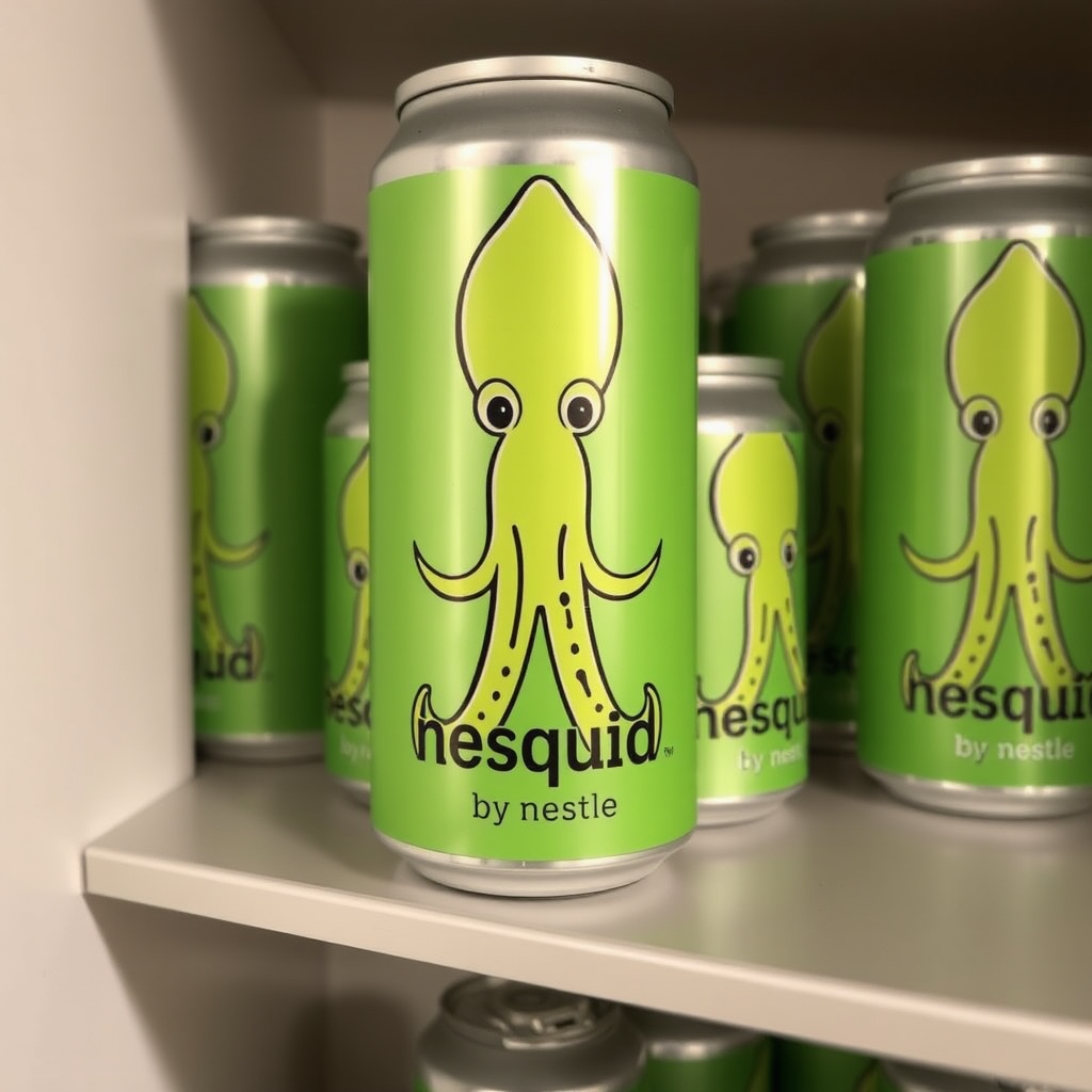 a small shelf with cans that have an image of squid on the label and text saying "nesquid by nestle"