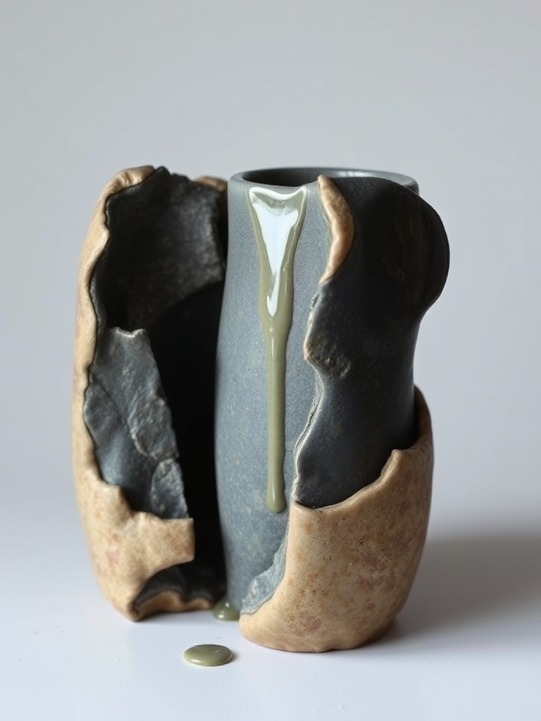 old ceramic vase in pieces, glued with goo, in soft dark colors, cold aura