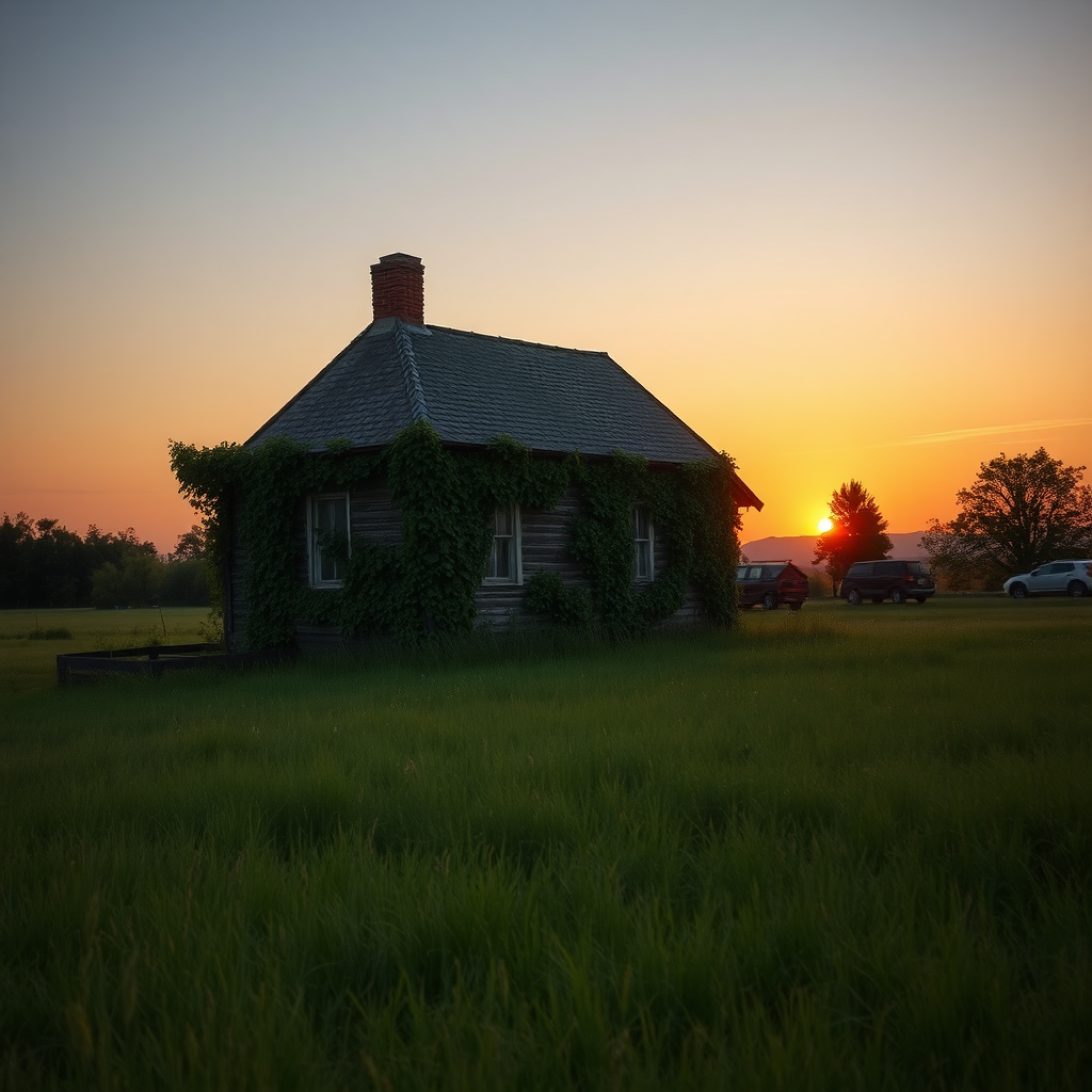 the text "Te23A" formed out of vines growing on an old house alone in a meadow with a warm sunset