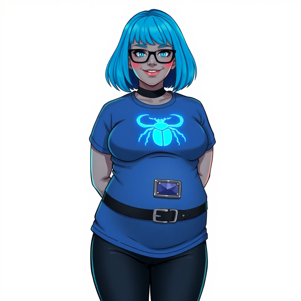 A 28-year-old, full-figured, metallic middle gray skinned computer program hybrid with a maximum blue bob cut. She has a non-athletic build, highlighted by a prominent, round, large midsection (with emphasis on her belly). As a digital sidekick, computer hacker, and nerdy girlfriend to her cyberpunk vigilante boyfriend, her middle gray metallic skin and maximum blue lipstick emphasize her digital nature. She wears a costume consisting of a tight-fitting, maximum blue t-shirt (accentuating her large belly) with a neon blue glowing chest icon of a beetle, black pants, a black belt with a sapphire scarab buckle, and black gloves. Her bright blue eyes, black eyeglasses, and lovestruck smile with neon red blush accentuate her nerdiness. She stands bashfully with her hands behind her back, her t-shirt covering her midsection (especially her large belly) and emphasizing her full-figured, non-athletic physique. She is on a solid white background. She is drawn as if she was in a retro 2D cyberpunk fighting game. She is clearly non-athletic, with a focus on her full-figured physique. Ensure her t-shirt covers her midsection (especially her large belly).