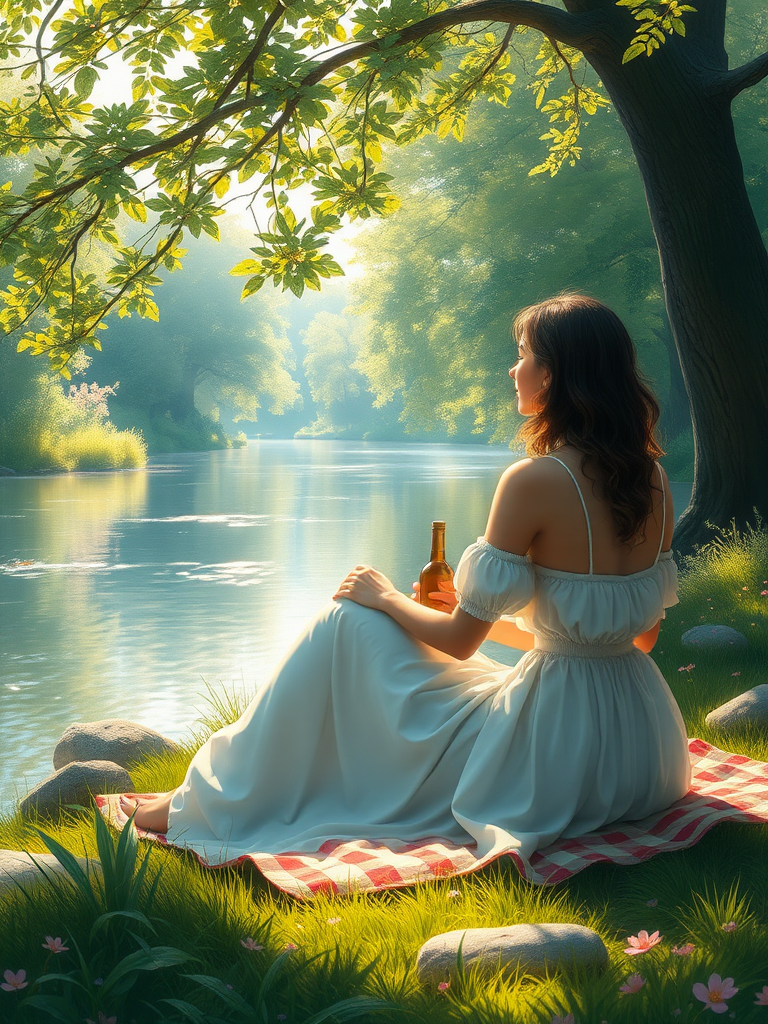 serene woman in a flowing dress having a picnic by a tranquil river, lush greenery, sunlight filtering through trees, soft focus, dreamy atmosphere, pastel colors, detailed and vibrant digital painting by Artgerm and Greg Rutkowski, 4k resolution, inviting and peaceful scene