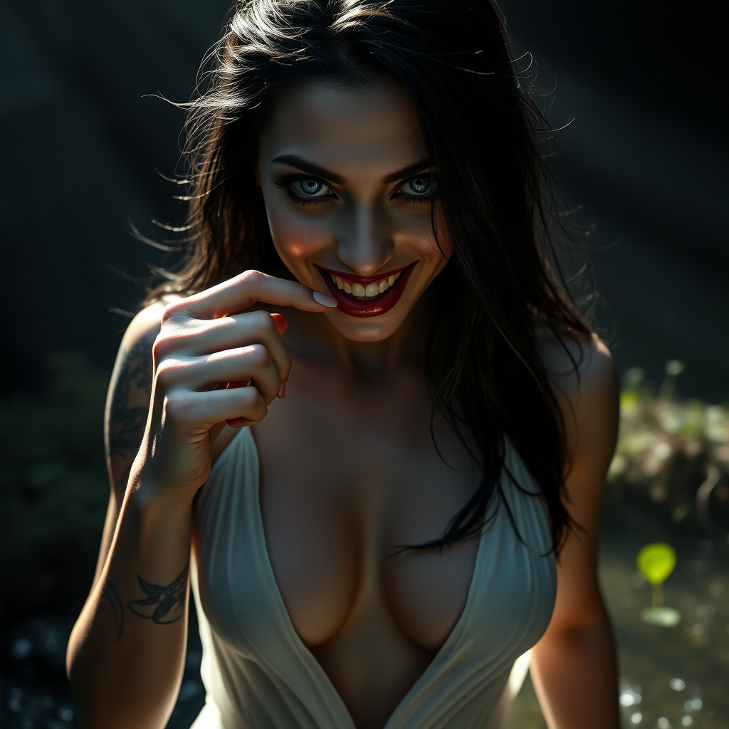 Enigmatically alluring inviting and scary looking smile. Running through a secretive place, a small pond with God rays of light shining on her face in a glade in a tall magical forest where she lives, ready for a nude swim at any moment.

The image presents Beautiful Hell standing with a powerful and commanding presence. She is a hyper photo realistic woman, visibly sweating, exuding menace, sexuality aroused and beauty. The background is dark and mysterious, enhancing her enigmatic presence and adding depth to the image.

Her dark raven-black hair cascades down in soft, wavy strands often caught in a breeze, contrasting sharply against her pale, flawless unblemished skin with delicate feminine sexual tattoos sprinkled around her body.

Beautiful Hell has a strikingly beautiful face with fine unbroken porcelain white skin and smooth and defined features. Her mouth slightly open, with an index finger laying on her lip and the tip of her finger in her mouth. And her teeth are hyper realistic.

Her eyes are sharp and in focus when zoomed in to one of her eyes. Her eyes are a piercing blue intensely realistic in detailed realistically, bright and crisp, and realistically detailed and deep are intense and captivating, capable of drawing you in, and intimidating anyone who meets her gaze. Her eyes show an intense need to own the viewer, are framed by long dark lashes, adding to their dramatic effect. Her expression is sexual and menacing and intense, reflecting her dual nature.

Emotional and Visual Impact: The image evokes a sense of raw sexual attraction and admiration for Beautiful Hell’s beauty, body, intricate revealing, intimacy, and intense. The combination of transparent sheer fabric, a deep and wide plunge line that reveal the edge of her nipples, and delicate ultra light white silk of her dress creates a balance between elegance and sexual allure, making her beautiful to linger your gaze upon, unavoidably sexually attractive, and intimidating. The visual intensity of the image is heightened by the dark, mysterious background, which adds to her enigmatic presence. The overall emotional response is a mix of admiration for her beauty, a subtle unnerving sense of fear or respect, and mostly for her bold, daring, sexual attention demanding design that she wears to specifically honor her deliberate and leading the viewer to physical sexual attraction to her. Her demeanor and physical exposure are outrageously bold, giving her an openly gleeful and ecstatic smile reflected in her brilliant blue eyes, and inviting anyone to oppose her.

Dress Design and Features: Plunge Line: The dress, made of a thin revealing silk, shows the colors of her areolas, and features a deep and wide plunge line that extends to just below her belly button, revealing the smooth skin of her torso and her belly button emphasizing the dress's allure and Beautiful Hell's alluring natural sexuality. The dark, remarkably fine silk of the dress clings closely to her figure, accentuating her curves and emphasizing her feminine form.