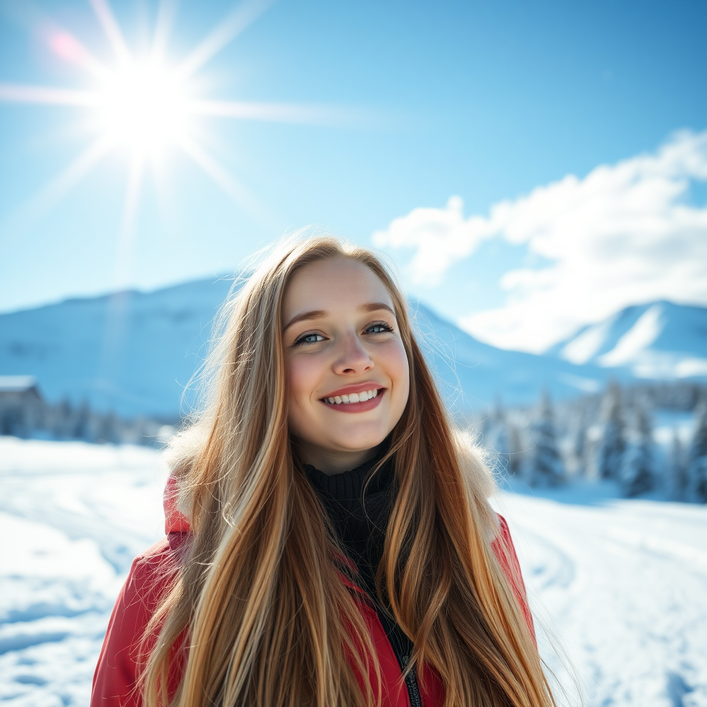 beautiful young woman with lush cherry blonde long hair, full lips, on Alaska Anchorage happy in sunny snow