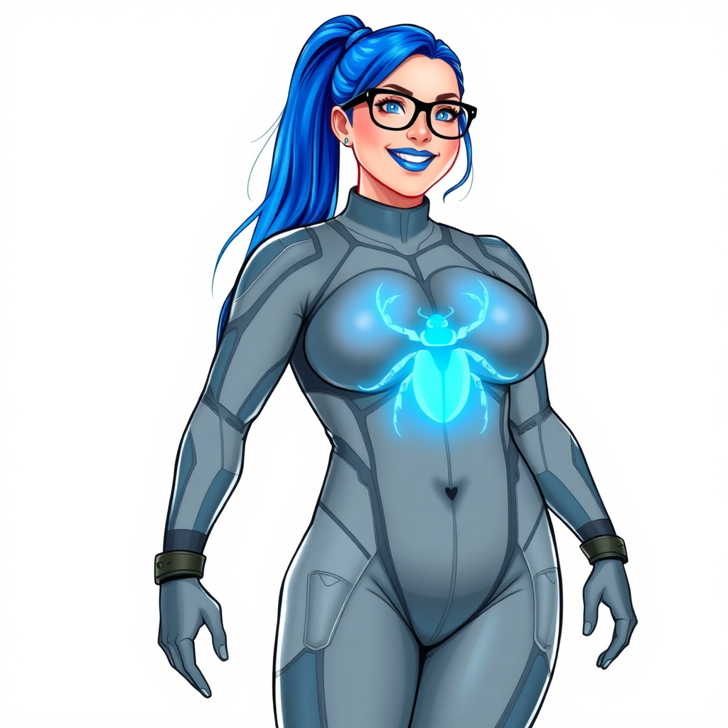 A 28-year-old computer science major embracing her new life as her cyberpunk vigilante boyfriend's nerdy, full figured middle gray skinned computer program hybrid girlfriend with a long, maximum blue ponytail. She wears maximum blue lipstick and has bright blue eyes. Her outfit includes a digital, computerized, middle gray bodysuit (accentuating her gargantuan midsection) featuring a neon blue glowing beetle chest icon. She sports black eyeglasses, with a beaming smile and neon red blush. Her full figure reflects the doting care of her vigilante boyfriend. She uses her power to hack into computers and machines to serve as her hero's minicomputer operating out of his hi-tech wristwatch and supercar's supercomputer. The background is solid white. She has a prominent, round, gargantuan midsection. Her midsection is bloated to emphasize her physique. Her middle gray metallic skin shows her digital nature. She is drawn as if she was in a retro 2D cyberpunk fighting game.