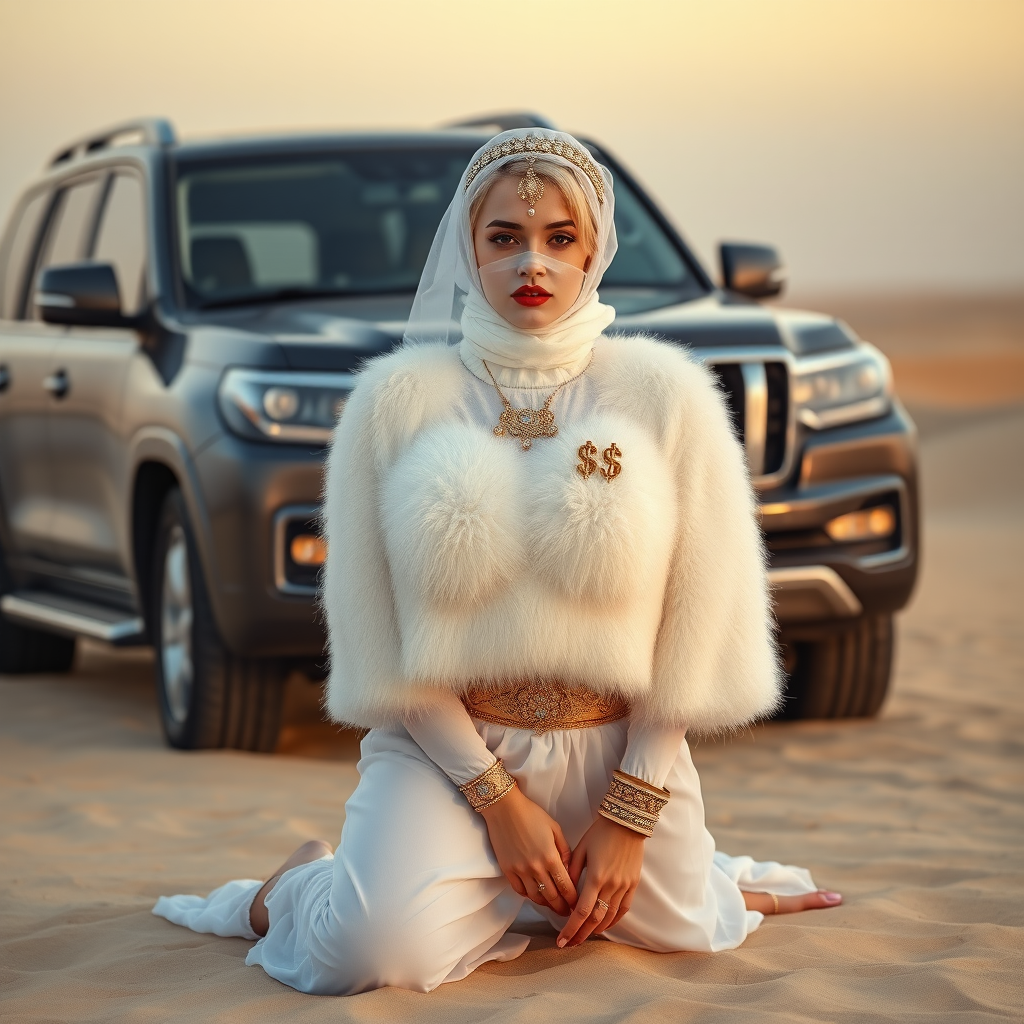 Kuwait desert dunes misty dawn, full size luxury SUV: Melissa, European 17 years old very convincing femboy “trophy-bimbo”, tamed servile docile, very beautiful feminine flawless face, rather short, by hormones very curvaceous womanly figured, platinum blond short tight curls, bold red lips, heavily made-up face, wearing Supertanya-style fluffy very fuzzy bright white angora turtleneck-poncho cropped ending under bust decorated with pearls and gemstones, striking oriental wide gold bridal protection belt, white fully transparent harem pants, full Oriental bridal jewelry including headpiece, white transparent harem-style alluring face veil covering noose and mouth, coin anklets, striking diamond “$$$” letter brooch on left chest, pout frustrated, hands tied behind back, kneeling in sand in front of SUV, looking at camera. Focus on face and turtleneck-poncho.