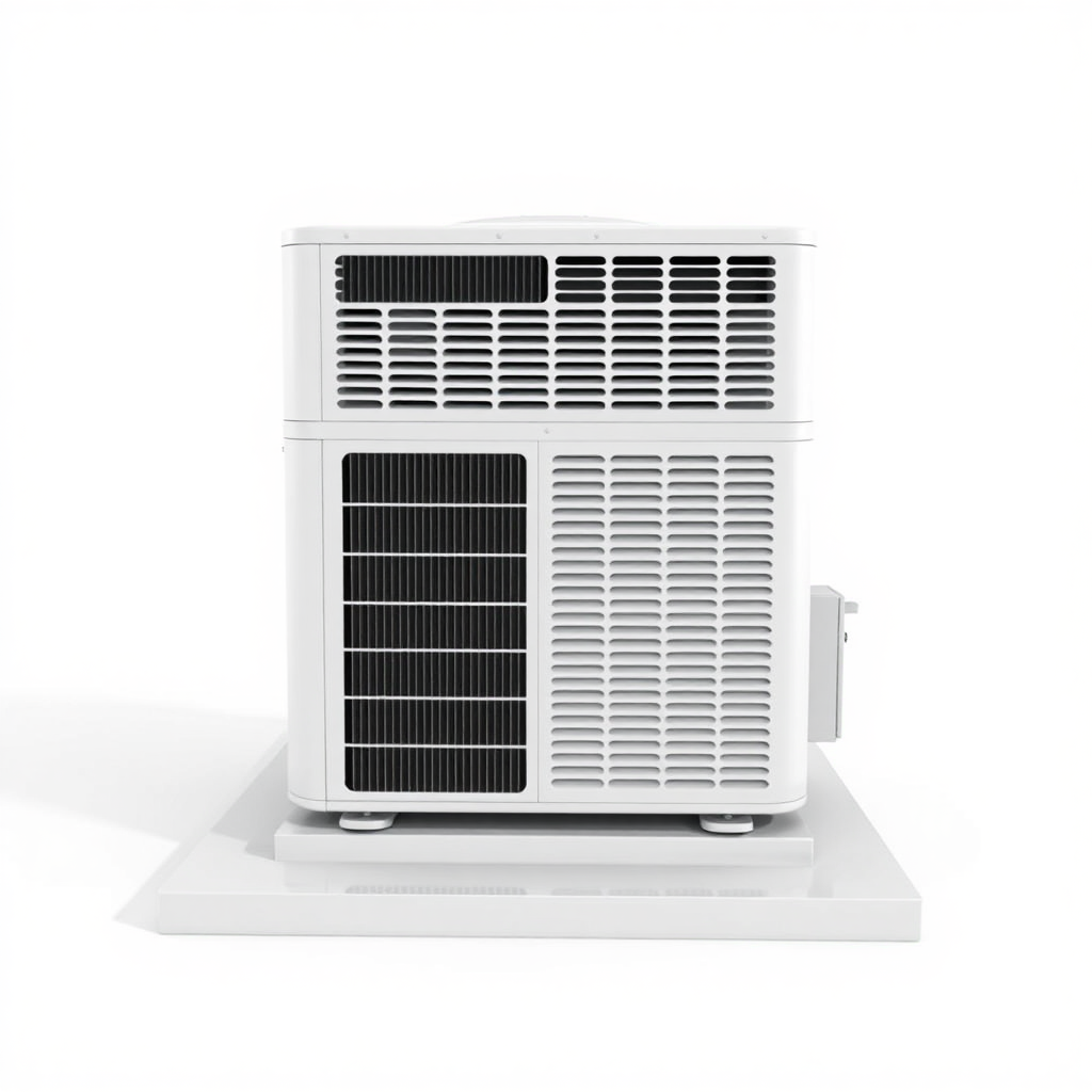 A simple, high-resolution, realistic 3D model of a standard residential outdoor air conditioning unit or condenser. The unit should be placed on a flat surface. The unit should be a neutral color. Plain, uncluttered background. No text.