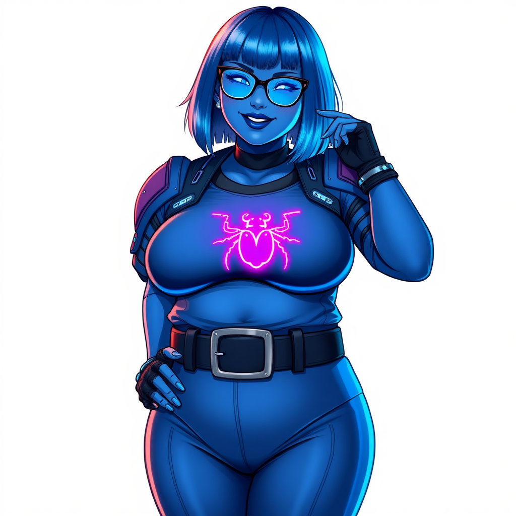 A 28-year-old, full-figured, metallic maximum blue (5PB 5/10) skinned computer program hybrid with a maximum blue bob cut. She has a non-athletic build, highlighted by a prominent, round, large midsection (with emphasis on her round large belly), which shows the effects of her new love of junk food acquired from her boyfriend. As the full-figured, nerdy, digital sidekick to her cyberpunk vigilante boyfriend, her metallic maximum blue skin and maximum blue lipstick (5PB 5/12) emphasize her digital nature. Her skin has a subtle, animated glow, with digital patterns occasionally flickering across it, making her digital nature obvious. She wears a digital, computerized costume, consisting of a massive, tight-fitting, maximum blue biker shirt (5PB 5/12) made out of advanced nanotech with a neon blue glowing chest icon of a beetle, hi-tech shoulder pads with neon blue accents, a black hi-tech belt with a digital neon blue glowing buckle, digital maximum blue biker pants (5PB 5/12) with neon blue accents, and black hi-tech fingerless biker gloves with neon blue glowing accents. Her neon blue glowing eyes, black eyeglasses with neon blue glowing lenses equipped with a built-in HUD, and bashful smile with neon red blush accentuate her nerdiness. She stands bashfully with one hand behind her back and the other hand gently touching her cheek, her costume covering all her skin and emphasizing her full figure (especially her round large belly). She is clearly non-athletic, with a focus on her full-figured physique. Despite her build, she radiates beauty. She has a slim face compared to her physique, accentuating her radiant beauty. She is on a solid white background. She is drawn as if she were in a retro 2D cyberpunk fighting game.