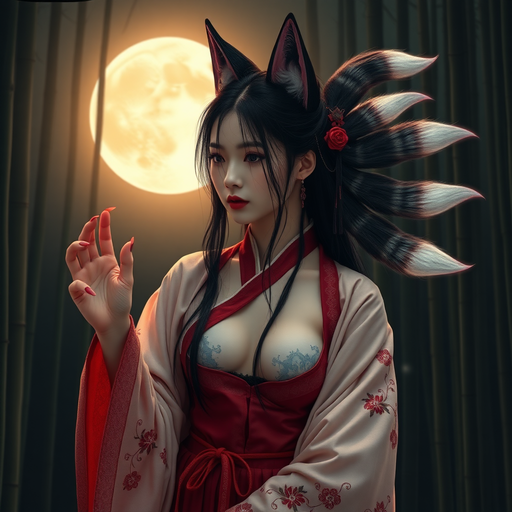 A Korean eerie-looking Woman in an ancient Hanbok with nude breasts transforms into a nine-tail fox, in front of the full moon in a bamboo forest.