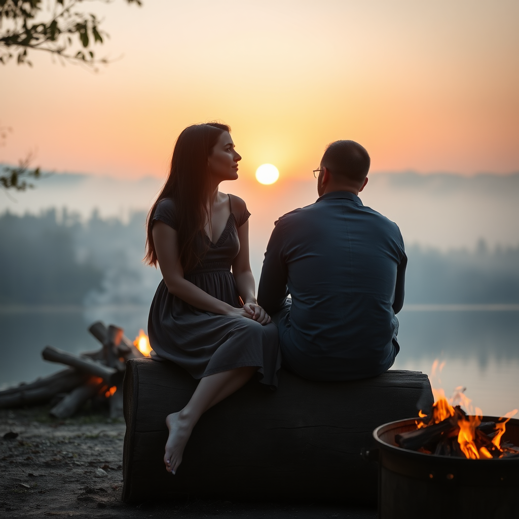 A young woman and her friend sitting on a trunk next to a fireplace at the shore of a lake. She has long brunette hair. She is wearing a dress. Barefoot. She is looking at him with love. The sinking sun is falling through the trees. A little fog is rising from the lake. Light like in a fairy tale, a bit mystic. Photo.