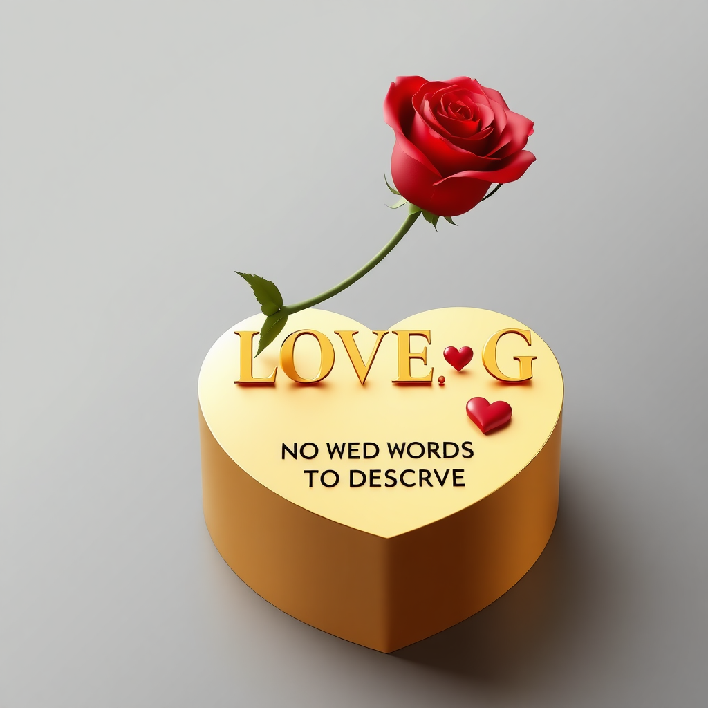 A 3D rendered anime-style medium shot of a red rose delicately resting atop a heart-shaped golden pedestal. The elegant name "LOVE ❤️ G. NO WORDS TO DESCRIBE YOU " is displayed on the pedestal in bold, black gold letters. A small contrasting red heart is placed along the pedestal. The smooth gray gradient background highlights the golden and red colors. The design exudes sophistication and luxury.