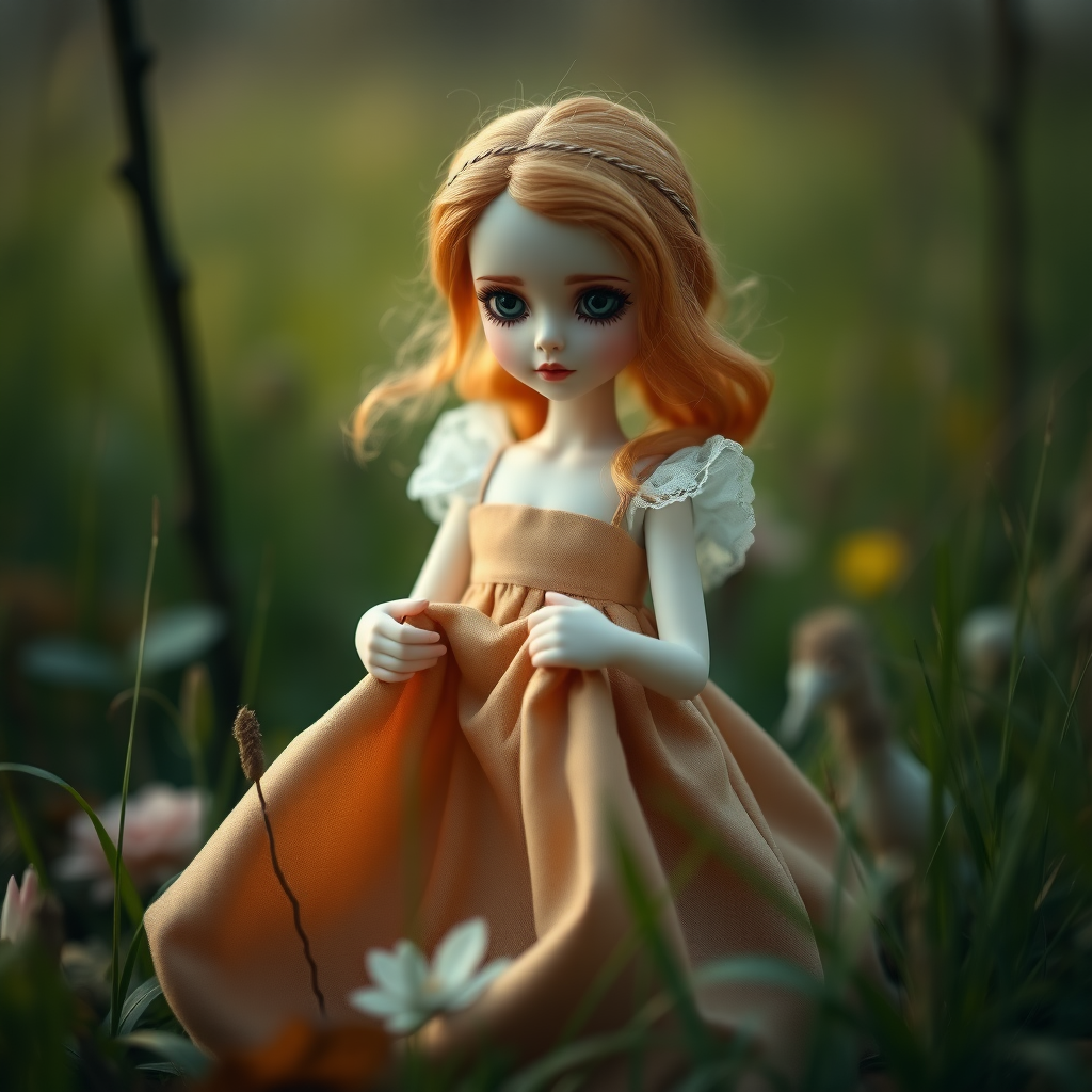 ooak art doll playing with her dress in nature, shy flirting with the camera, questioning look, bisque doll, artist doll, realistic doll, life-like porcelain doll, handmade, one of a kind, abstract, minimalist art, in focus, hyperfocal, bisque porcelain, symmetric, sacred geometry, original, unique personality, dynamic, cinematic scene, centered, macroscopic photo, dept of field, low key lighting, preteen ginger girl, balanced colors, Alice in wonderland