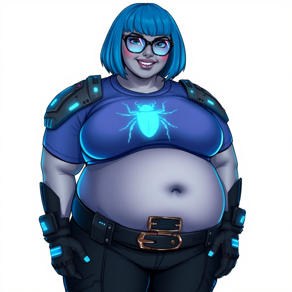 A 28-year-old, full-figured, middle gray skinned computer program hybrid with a maximum blue bob cut. She has a non-athletic build, highlighted by a prominent, round, large midsection (with heavy emphasis on her belly). As a digital sidekick, computer hacker, and nerdy girlfriend to her cyberpunk vigilante boyfriend, her middle gray metallic skin and maximum blue lipstick emphasize her digital nature. She wears a digital, computerized costume consisting of a gargantuan, tight-fitting, hi-tech, maximum blue t-shirt with a neon blue beetle glowing chest icon, hi-tech shoulder pads with neon blue accents, a black digital belt with a digital neon blue glowing buckle, black biker pants with neon blue glowing accents, and black hi-tech gloves with neon blue glowing accents. Her neon blue glowing eyes, black eyeglasses with a neon blue glowing HUD built in its lenses, and lovestruck smile with neon red blush accentuate her nerdiness. She stands bashfully with her hands behind her back, her costume covering all her skin and emphasizing her full-figured physique (especially her belly). She is clearly non-athletic, with a focus on her full-figured physique. Despite her build, she radiates beauty. She is on a solid white background. She is drawn as if she was in a retro 2D cyberpunk fighting game.