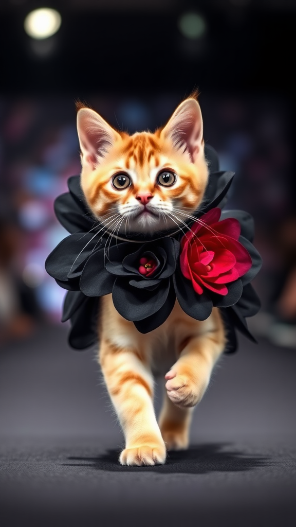 A little chubby big yes pink nose cat walking on two paws wearing a real black flower costume doing ramp walk in a fashion show