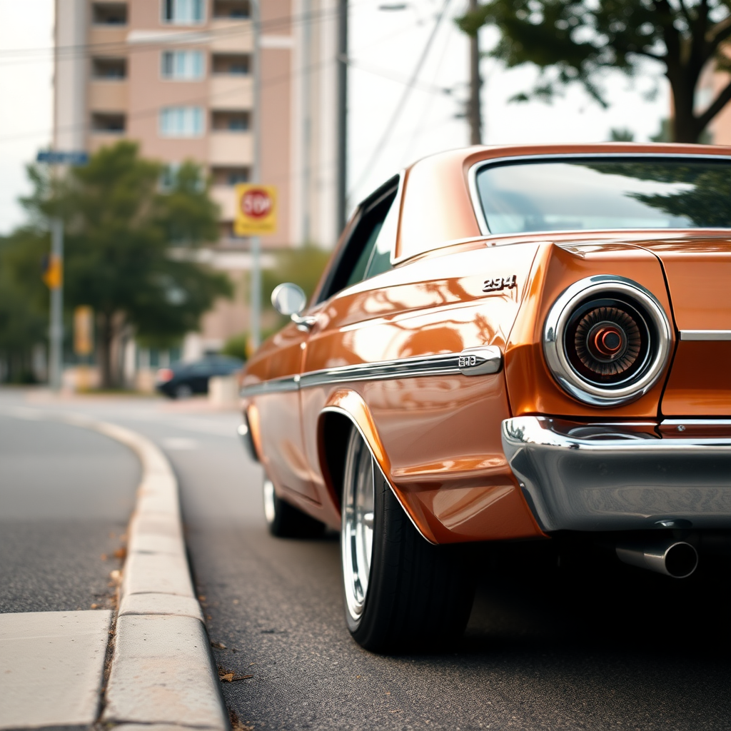 the car is parked on the side of the road, inspired by Taiyō Matsumoto, tumblr, restomod, nd4, c4 metallic shine classic american low rider ford