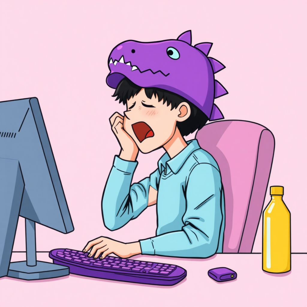 A high-quality illustration of a person sitting at a desk in front of a computer, yawning, with a purple dinosaur-themed cap and light blue shirt. The desk has a computer screen, a keyboard with purple keys, and a yellow bottle beside it. The view is the same as the original image with a light pink background and similar details, but the person now has a dinosaur cap instead of the original one.