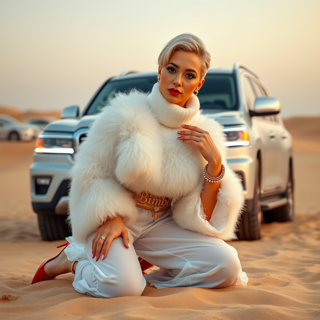 Kuwait desert dunes misty dawn, full size luxury SUV: Melissa, European 17 years old very convincing femboy “trophy-bimbo”, tamed servile docile, very beautiful feminine flawless face, rather short, by hormones very curvaceous womanly figured, platinum blond short tight curls, bold red lips, long white French nails, heavily made-up face, wearing Supertanya-style fluffy very fuzzy bright white angora turtleneck-poncho cropped ending under bust decorated with pearls and glass stones, striking oriental wide gold bridal protection belt, white fully transparent harem pants, bright red pumps with golden very high heels, full Oriental bridal jewelry including headpiece, nose-ring, coin wristlets, coin anklets, striking diamond “Bimbo” letter brooch on left chest, thick heavy pearl wristlets, pearl anklets, pout frustrated, kneeling in sand in front of SUV, looking at camera. Focus on face and turtleneck-poncho.