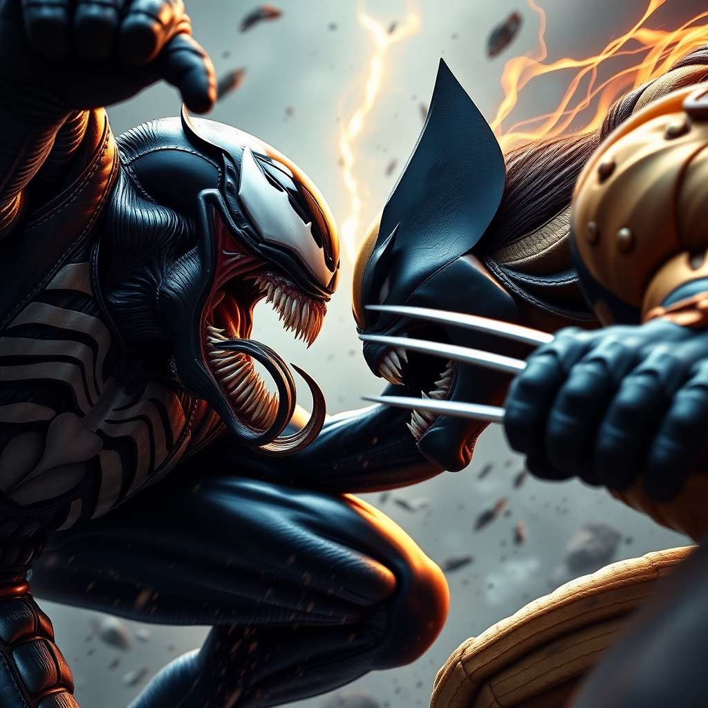 jumping out of an epic comic book cover is Venom Vs Wolverine head-to-head in battle. Cinematic Real3d photo-realistic quality.