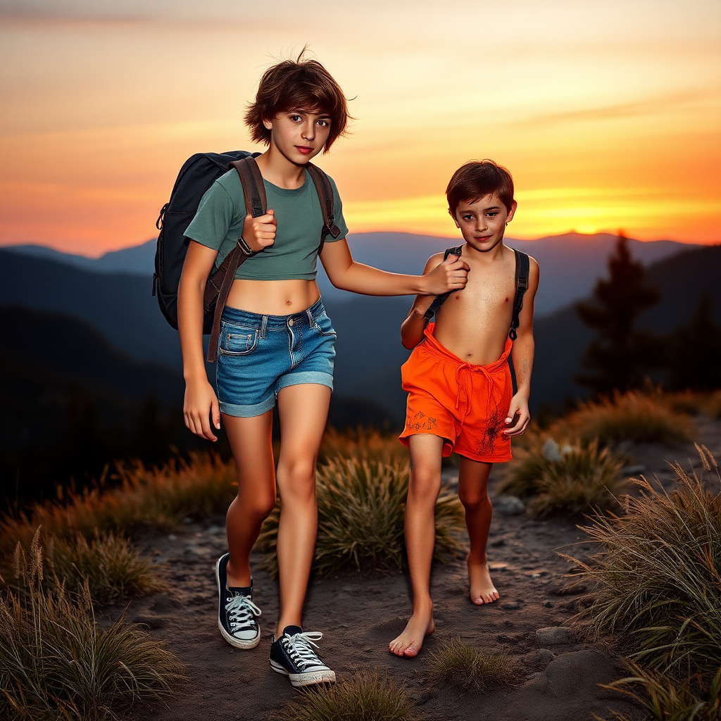 A top model 14yo teen boy, brunette, long layered haircut with messy hair, wearing denim tight short shorts, a crop top, Black Converse All Star shoes, with a hiking backpack on his shoulder, is helping another 14yo teen boy to walk back to his camp. The second boy is wearing tight short shorts orange inmate outfit; he is dirty, covered with mud, barefoot. They are walking in the mountains at sunset. Both of the boys are looking at the camera. Long legs, bare thighs. Vintage photograph, 1980s.