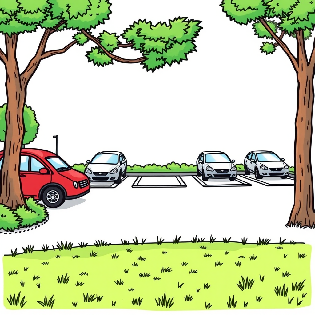 a small 5-space parking lot, borders, lawn, colorful image  
long establishing shot, 2D, caricature, cartoon, sketch lines, coloring book, coloring book style on white background, well composed, clean coloring book page, no dither, no gradient, strong outline, no fill, no solids, vector illustration, realistic proportions, left side view, low angle