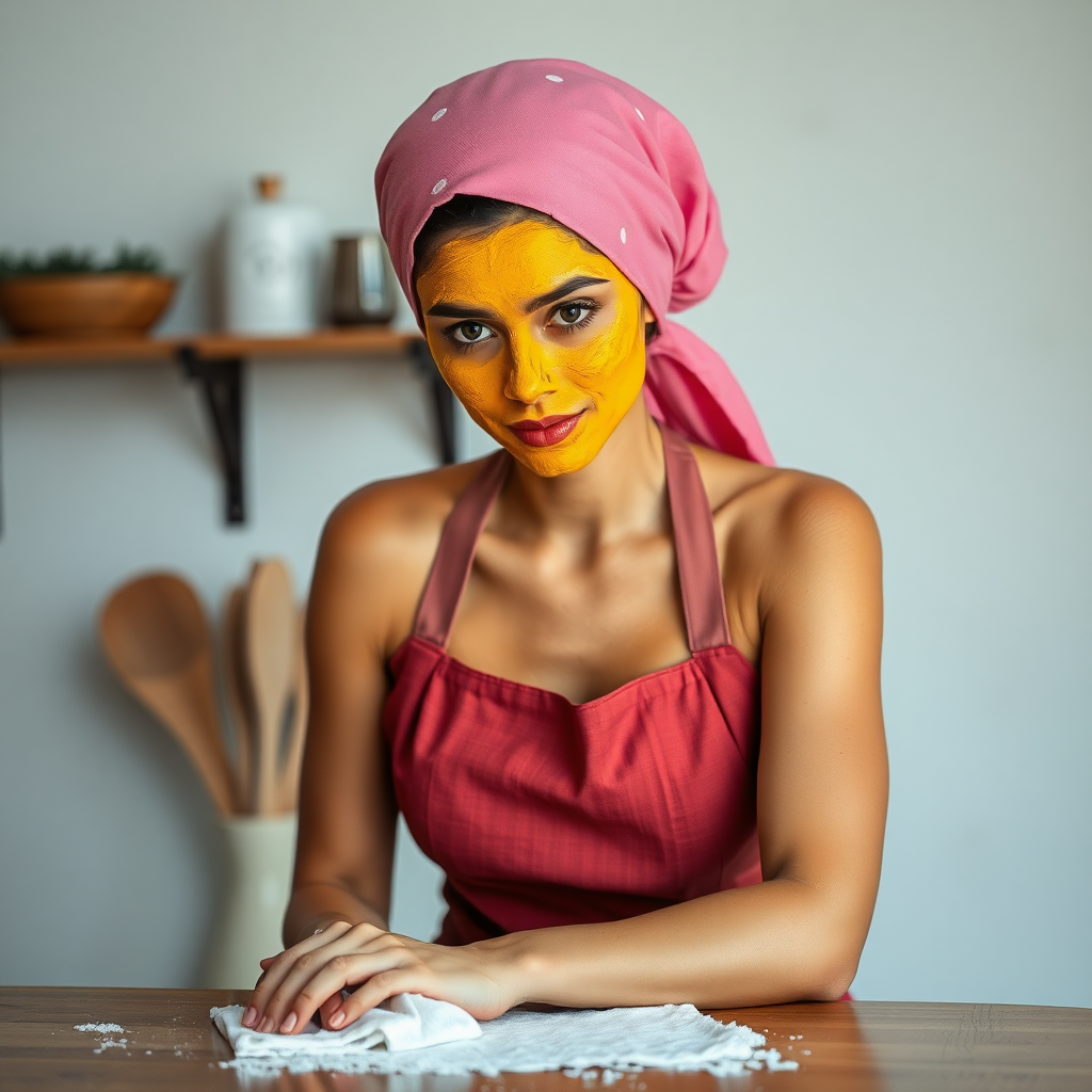 slim, 30 year old, sexy, french maid, pink scarf head, turmeric face pack. She is cleaning a table with a cloth