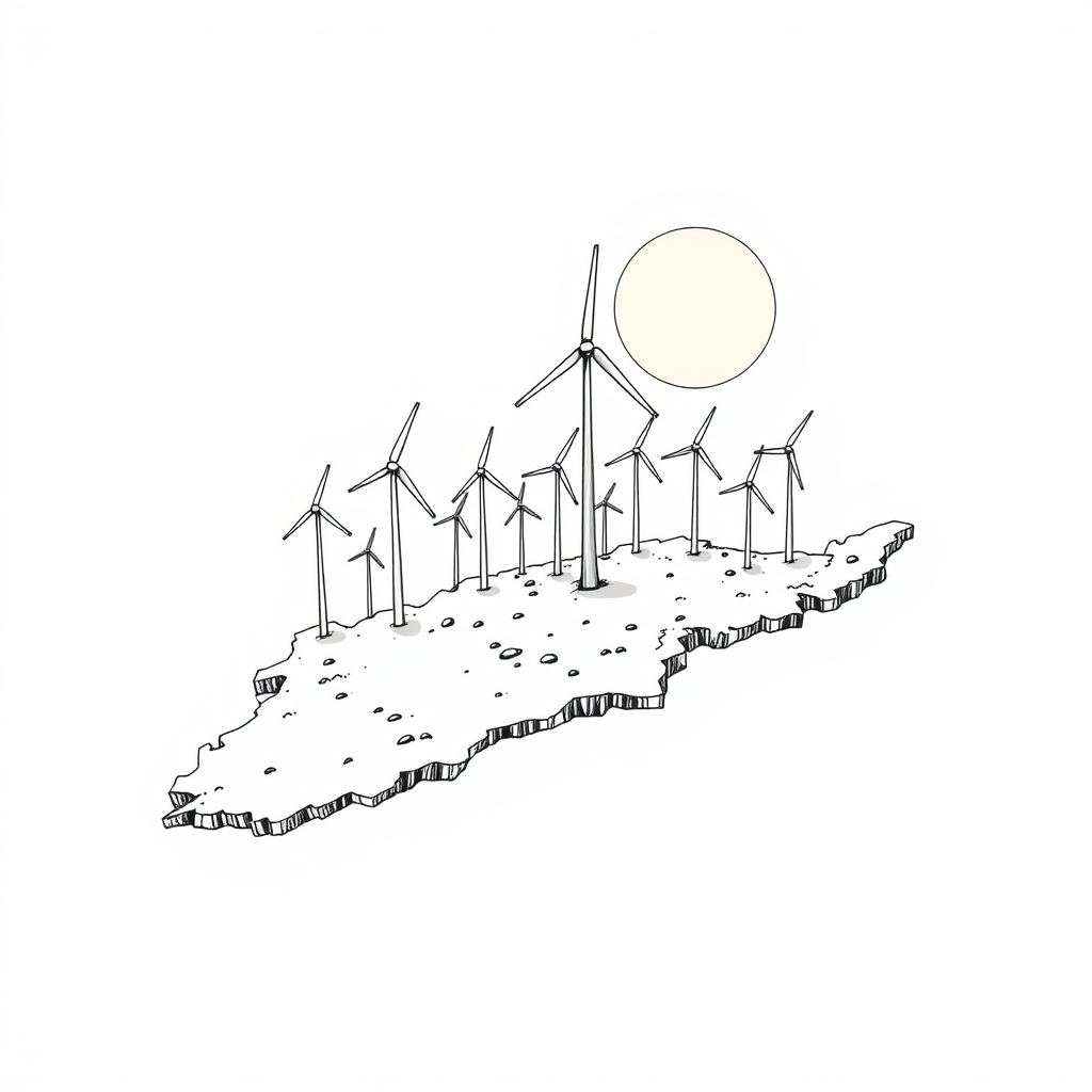 Create a comic drawing of Sardinia showing it being overwhelmed by enormous wind turbines. The style is a minimalist drawing with only black ink.