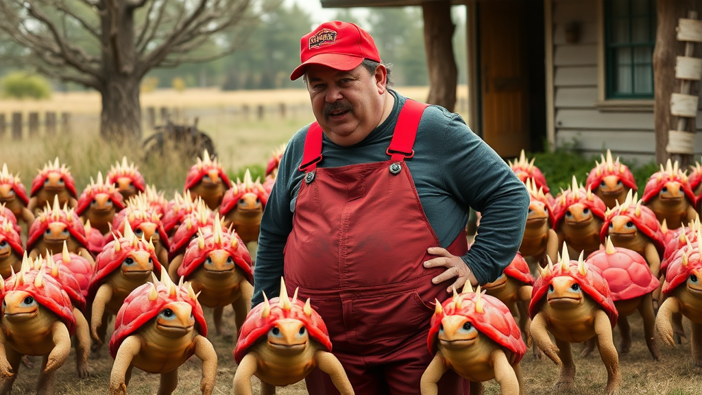 Exterior. Day. A dozen small creatures that look like walking RED turtle shells with ivory-colored spikes surround a heavyset Italian man with a large mustache, red cap, and red overalls over a long-sleeve dark grey shirt.