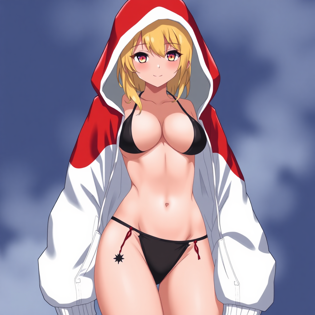 Anime style art of a blond hood girl, wearing nothing but a micro-black bikini and g-string thong under a red-white Bape hoodie.