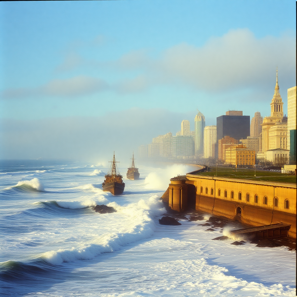 Highly detailed Kodachrome color real surrealist photograph from 1974 of Early morning Manhattan Ocean winds blow on the land