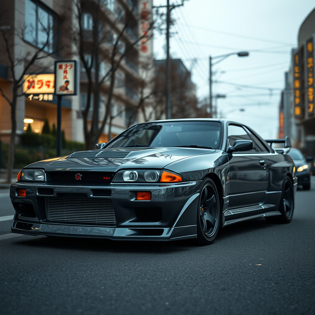 The car is parked on the side of the road, inspired by Taiyō Matsumoto, tumblr, restomod, nd4, c4 metallic shine gray black nissan skyline r34 tokyo gece cosplay kadınlar arkaplan hatasız tam eksiksiz ayrıntılı genel gerçek detaylar ödüllü en iyi fotoğraf poz.