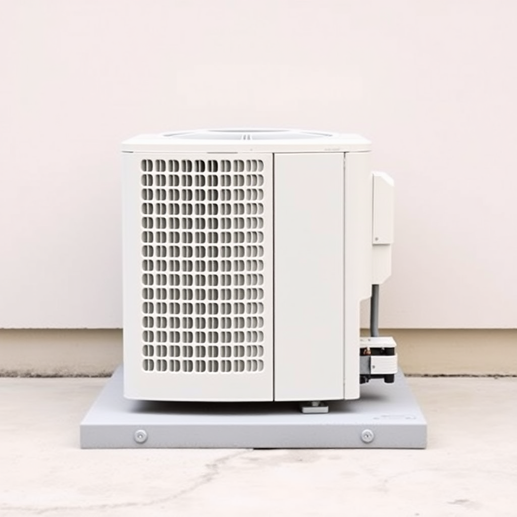 A simple, high-resolution, realistic image of a standard residential outdoor air conditioning unit or condenser. The unit should be placed on a flat surface, such as a concrete pad. The unit should be a neutral color like white, beige, or gray. The image should have a plain, uncluttered background to serve as a generic stock photo. No text.