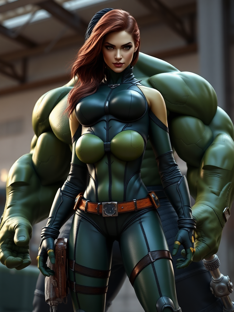 Generate a full-length, hyper-realistic image of Rogue from Marvel Comics. She should have the body type of The Hulk, with her head remaining unchanged. Modify her body traits to reflect the Hulk's physiology. Set the scene in an environment appropriate for both characters.