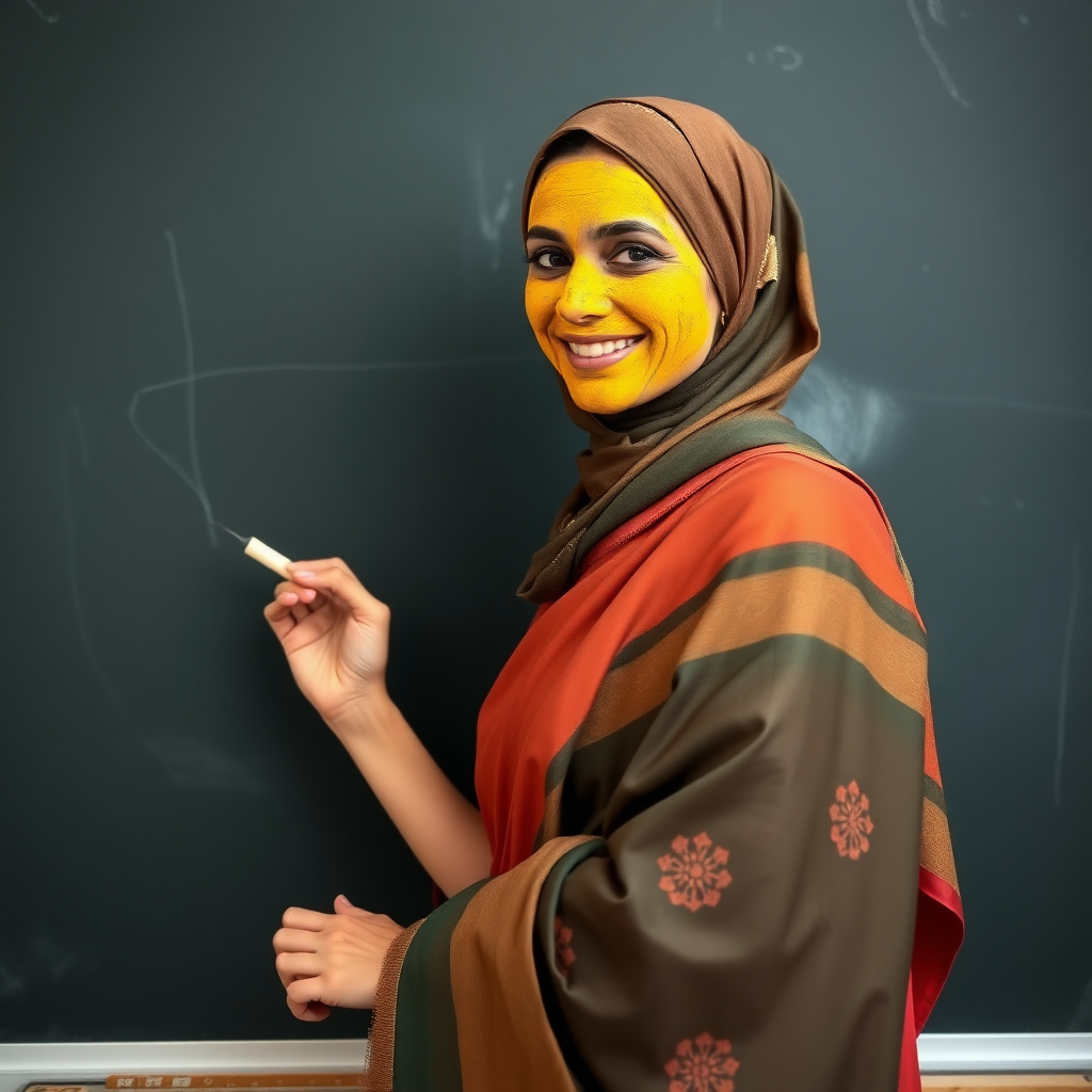 slim, 30 year old, sexy, french female school teacher, saree, scarf head, turmeric face mask. She is smiling and teaching on a blackboard