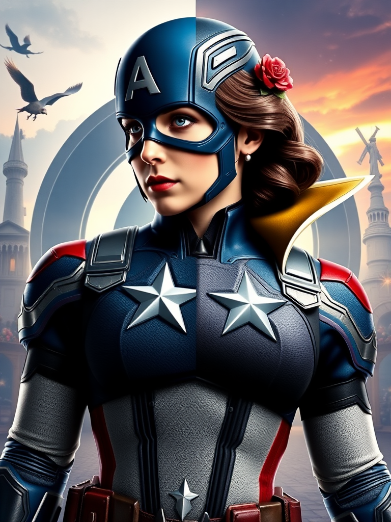 Create a full-length rendered image of Captain America, using the female figure of Snow White for the body. Retain Captain America's head, hairstyle, and facial features. Integrate elements of Snow White's costume into Captain America's attire, adjusting it to fit the new proportions. Design the background inspired by both characters, incorporating iconic symbols and settings that reflect their worlds, merging the heroic and fairytale atmospheres seamlessly. Ensure the image captures the strength of Captain America alongside the whimsy and charm of Snow White, resulting in a unique and visually striking character fusion.