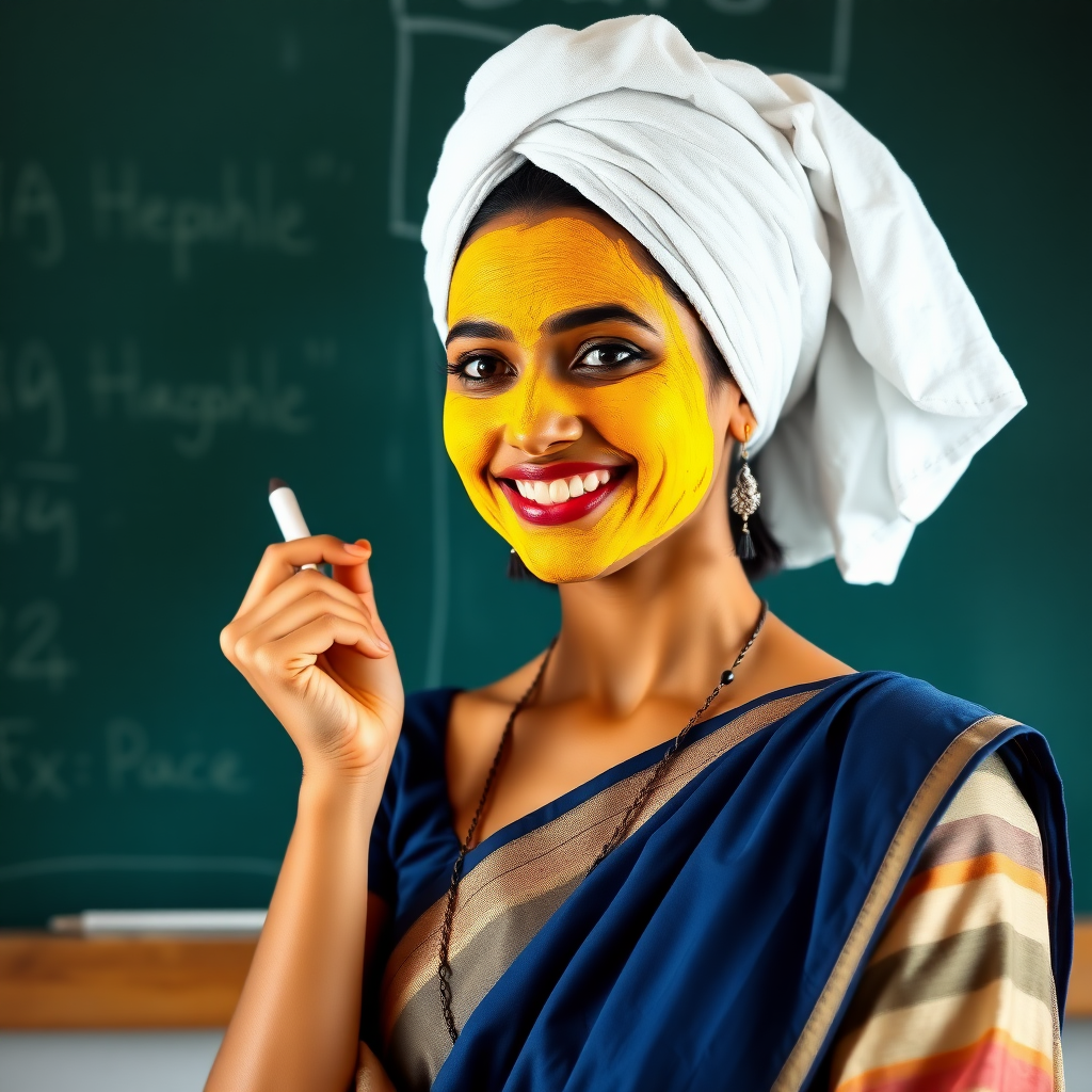 slim, 30 year old, sexy, indian female school teacher, saree, towel head, turmeric face mask. She is smiling and teaching on a blackboard