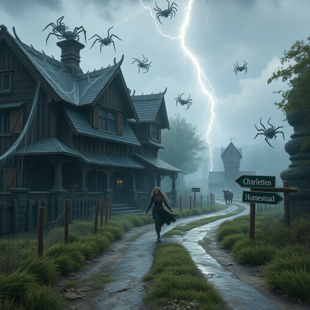 A wide distance shot of a female thief in a pastoral fantasy town. House swarming with giant spiders, and covered in cobwebs. She is fleeing from someone. Roads sign with "Charlotten Homestead". Cow that shoots lightning.