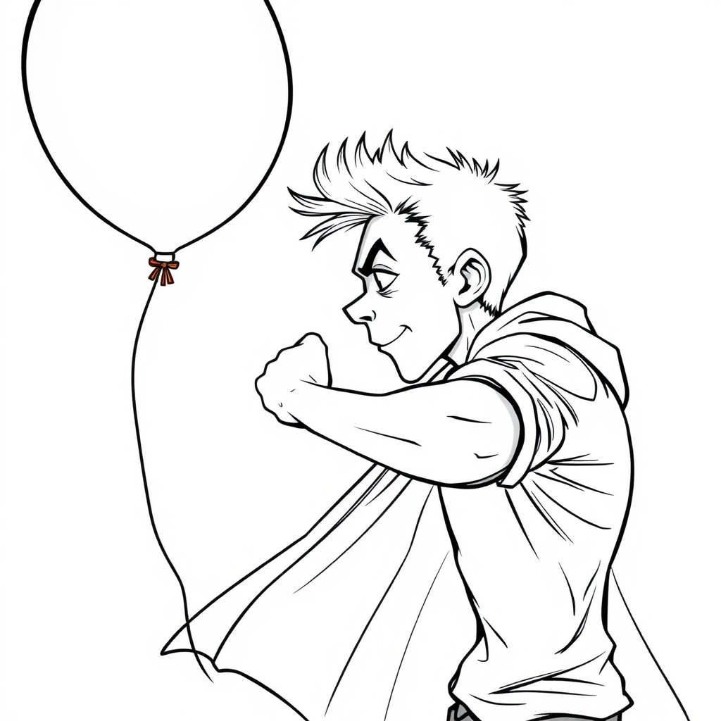 short 15 year old european skinny boy, punching a balloon, tense fabric, massive bulge, side view, 2D, caricature, cartoon, Sketch lines, coloring book, coloring book style on white background, well composed, clean coloring book page, No dither, no gradient, strong outline, No fill, No solids, vector illustration, realistic proportions