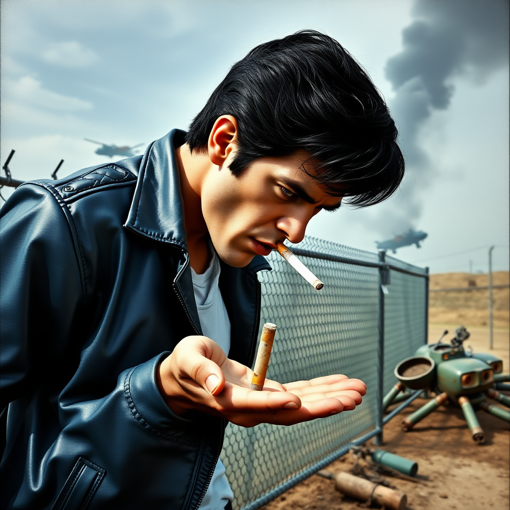 1950s greaser in blue leather jacket with black hair.

There is a Cigarette hanging from greaser's lips.

Greaser is hunched forward looking grimly down at his open palm where there is another unlit cigarette.

Fence in background.

Beaten up Robots laying around fence.

Flying cars and smoke in sky.

Dirty. Bleak.